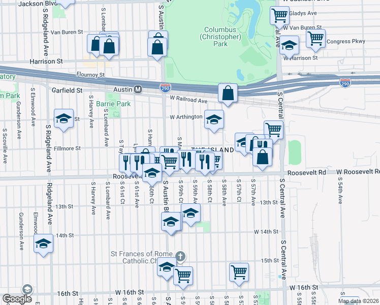 map of restaurants, bars, coffee shops, grocery stores, and more near 1125 South Mason Avenue in Chicago