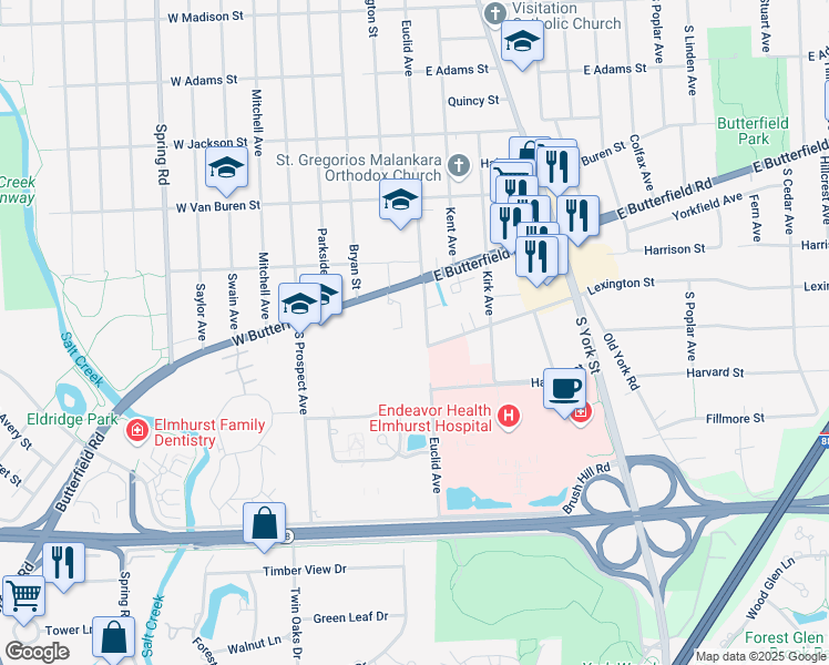 map of restaurants, bars, coffee shops, grocery stores, and more near 15W775 Lexington Street in Elmhurst