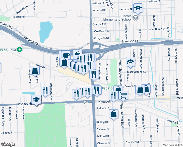 map of restaurants, bars, coffee shops, grocery stores, and more near 130 South Mannheim Road in Hillside