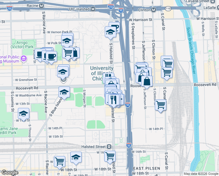 map of restaurants, bars, coffee shops, grocery stores, and more near 807 West Roosevelt Road in Chicago