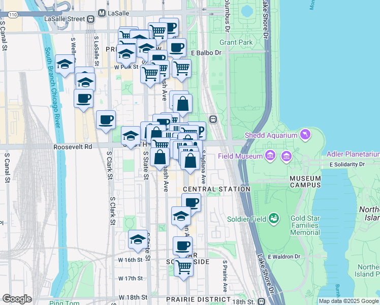 map of restaurants, bars, coffee shops, grocery stores, and more near 1207 South Michigan Avenue in Chicago