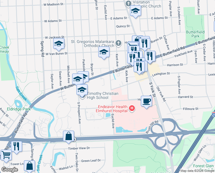 map of restaurants, bars, coffee shops, grocery stores, and more near 15W775 Lexington Street in Elmhurst