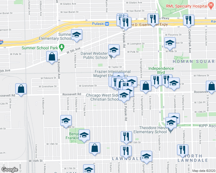 map of restaurants, bars, coffee shops, grocery stores, and more near 1138 South Karlov Avenue in Chicago