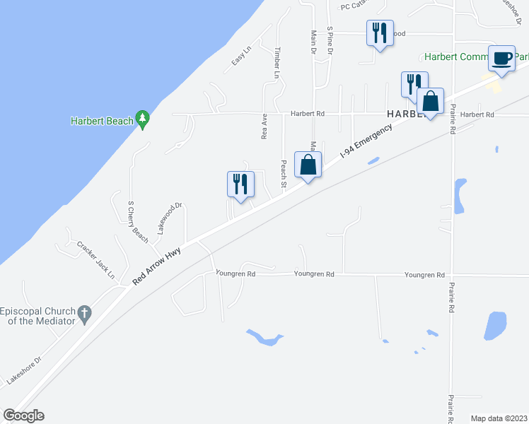 map of restaurants, bars, coffee shops, grocery stores, and more near 13959 Red Arrow Highway in Three Oaks