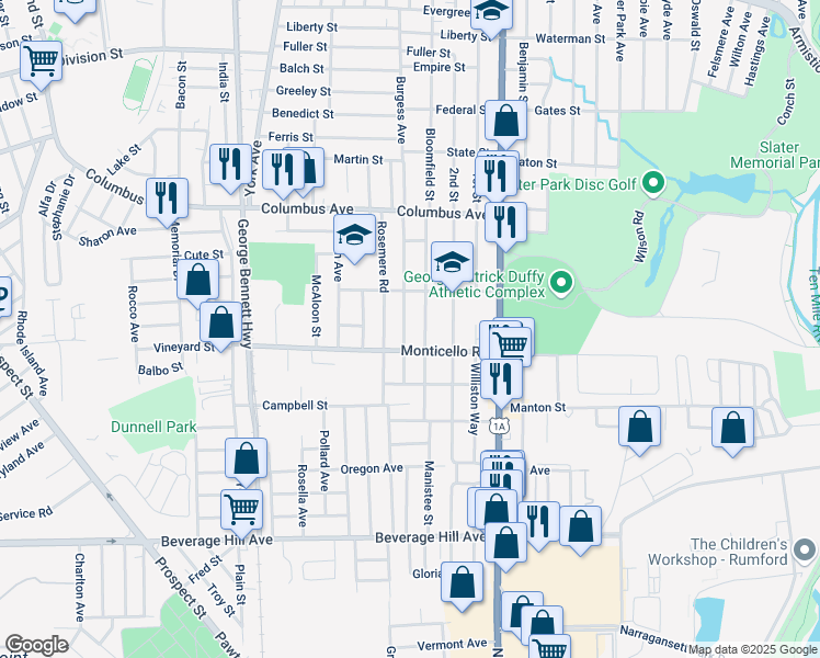 map of restaurants, bars, coffee shops, grocery stores, and more near 154 Edgemere Road in Pawtucket