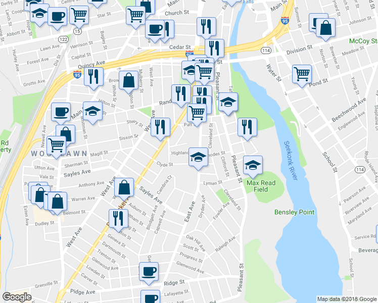 map of restaurants, bars, coffee shops, grocery stores, and more near 19 Highland Street in Pawtucket