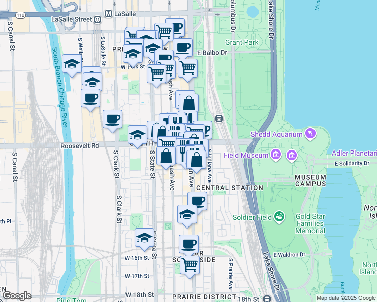 map of restaurants, bars, coffee shops, grocery stores, and more near 1212 South Michigan Avenue in Chicago
