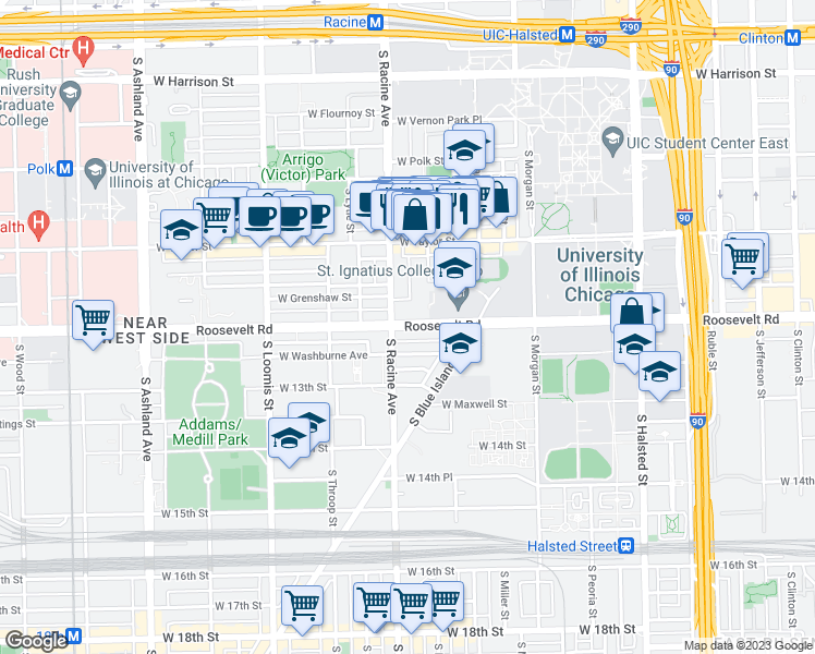 map of restaurants, bars, coffee shops, grocery stores, and more near 1151 West Roosevelt Road in Chicago