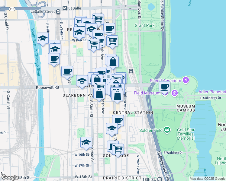 map of restaurants, bars, coffee shops, grocery stores, and more near 1241 South Michigan Avenue in Chicago