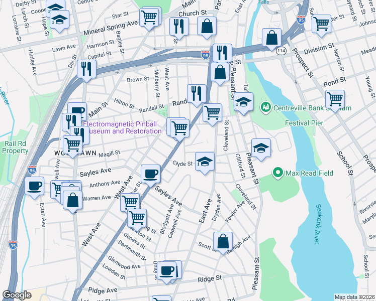 map of restaurants, bars, coffee shops, grocery stores, and more near 42 Waldo Street in Pawtucket