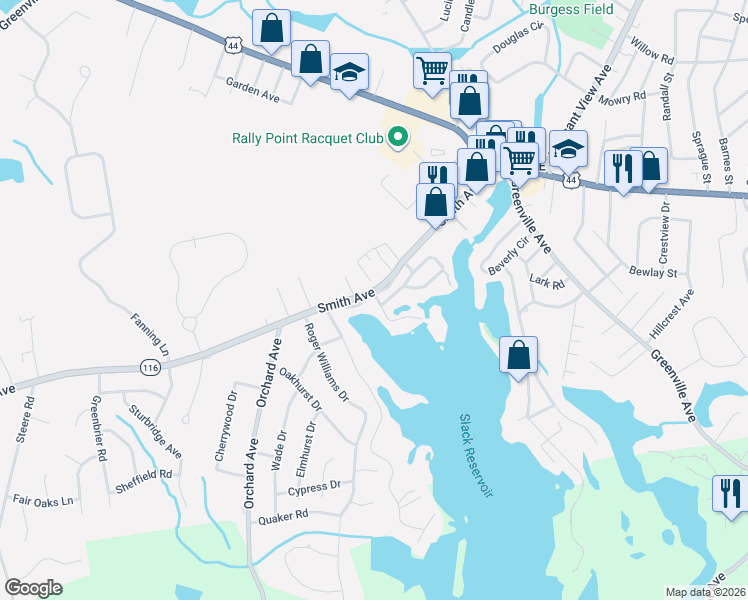 map of restaurants, bars, coffee shops, grocery stores, and more near 50 Smith Avenue in Smithfield