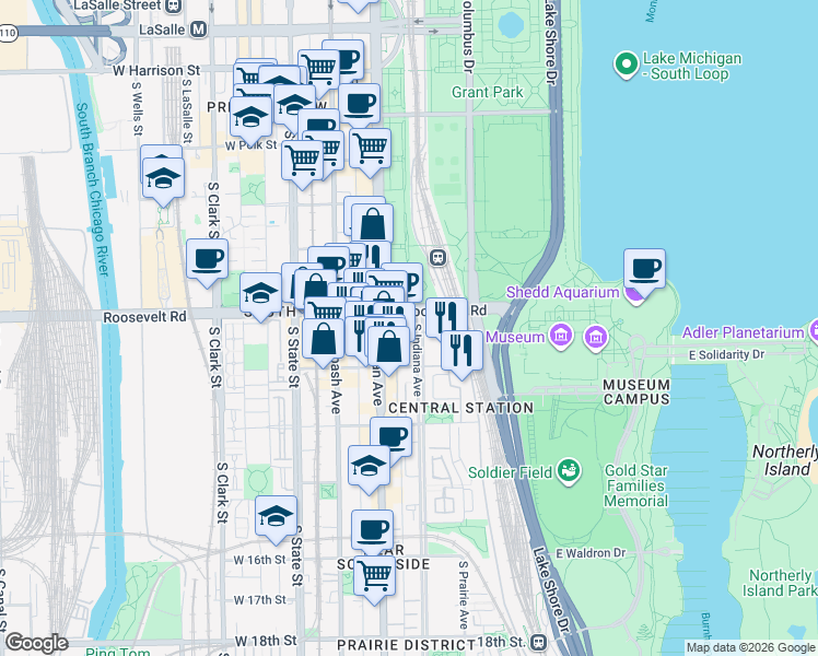 map of restaurants, bars, coffee shops, grocery stores, and more near 1250 South Indiana Parkway in Chicago