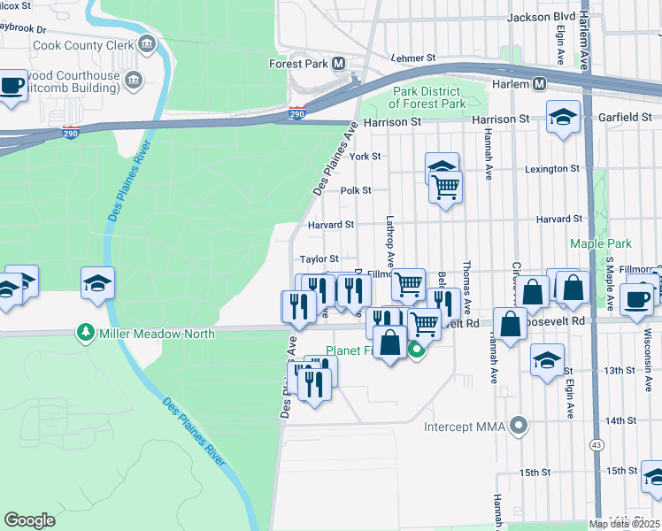 map of restaurants, bars, coffee shops, grocery stores, and more near 1038 Troost Avenue in Forest Park