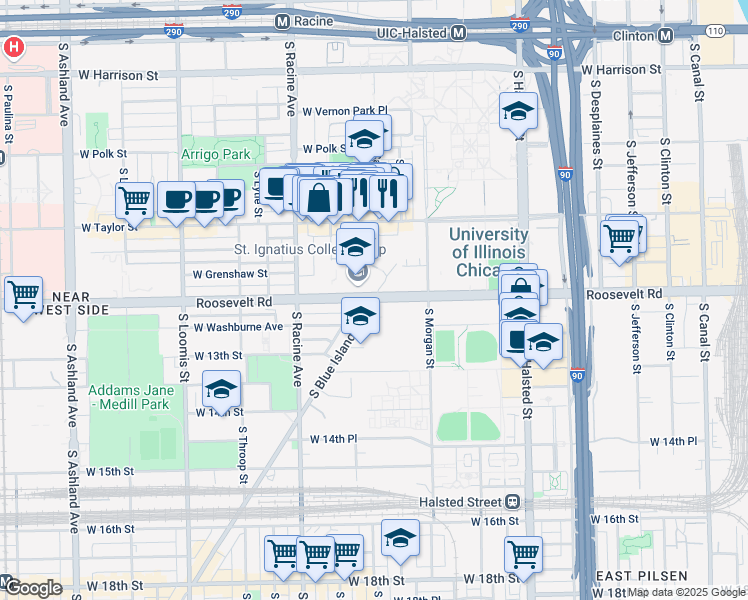 map of restaurants, bars, coffee shops, grocery stores, and more near W Roosevelt Rd & S Blue Island Ave in Chicago