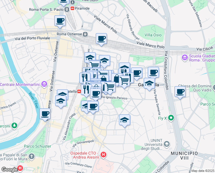 map of restaurants, bars, coffee shops, grocery stores, and more near 186 Circonvallazione Ostiense in Rome
