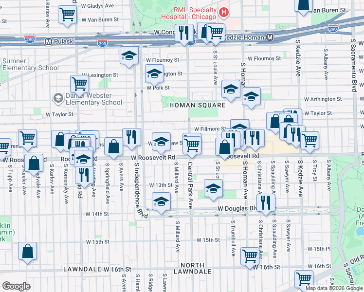 map of restaurants, bars, coffee shops, grocery stores, and more near 3617 West Grenshaw Street in Chicago