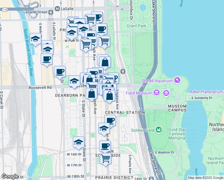 map of restaurants, bars, coffee shops, grocery stores, and more near 1241 South Michigan Avenue in Chicago