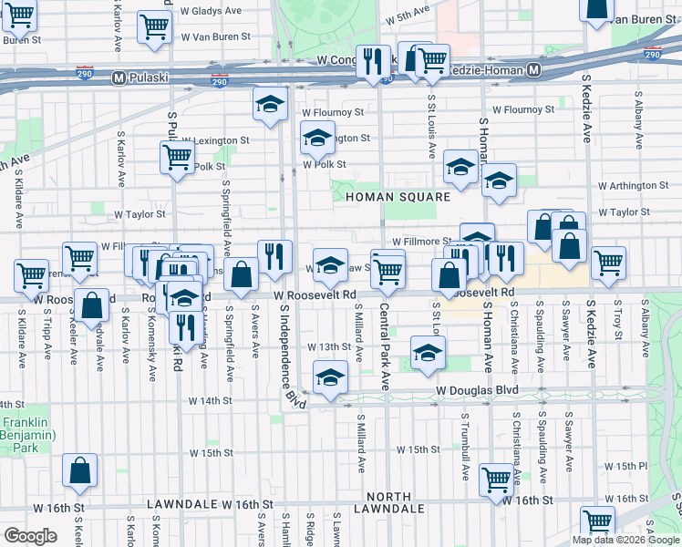 map of restaurants, bars, coffee shops, grocery stores, and more near 3636 Roosevelt Road in Chicago