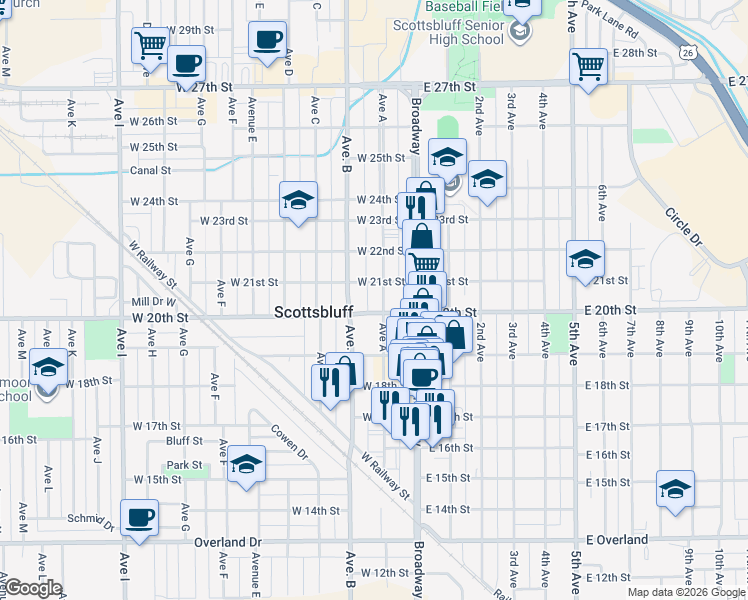 map of restaurants, bars, coffee shops, grocery stores, and more near 112 West 20th Street in Scottsbluff