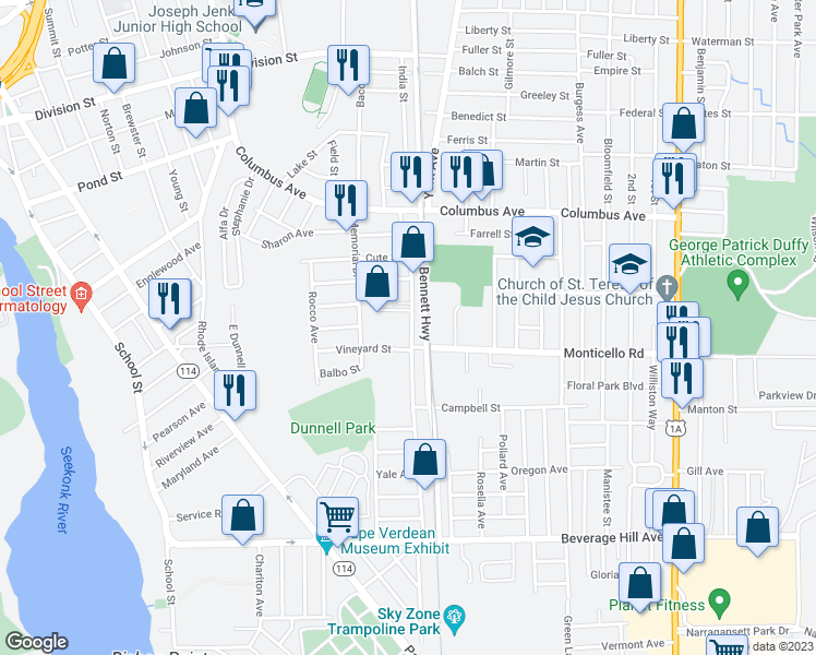 map of restaurants, bars, coffee shops, grocery stores, and more near 80 Vineyard Street in Pawtucket