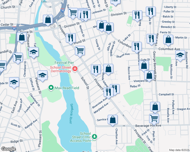 map of restaurants, bars, coffee shops, grocery stores, and more near 45 Exeter Avenue in Pawtucket