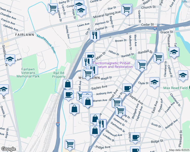 map of restaurants, bars, coffee shops, grocery stores, and more near in Pawtucket