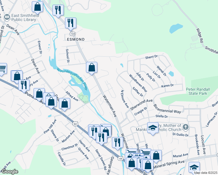 map of restaurants, bars, coffee shops, grocery stores, and more near in North Providence
