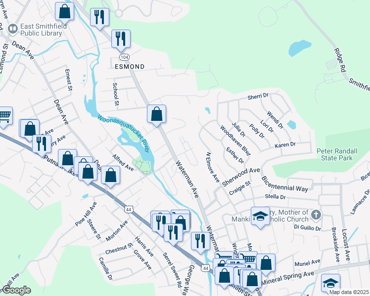 map of restaurants, bars, coffee shops, grocery stores, and more near in North Providence