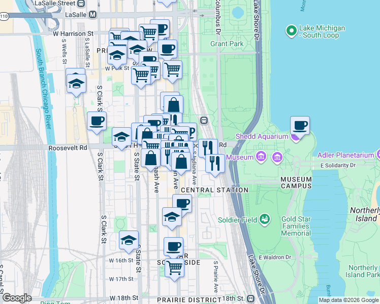 map of restaurants, bars, coffee shops, grocery stores, and more near 1231 South Prairie Avenue in Chicago