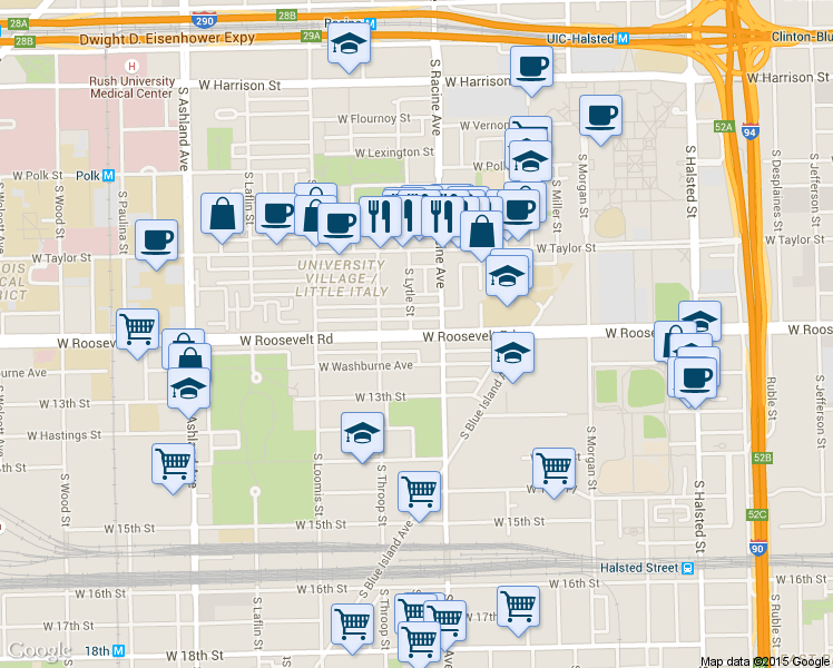 map of restaurants, bars, coffee shops, grocery stores, and more near 1222 West Roosevelt Road in Chicago