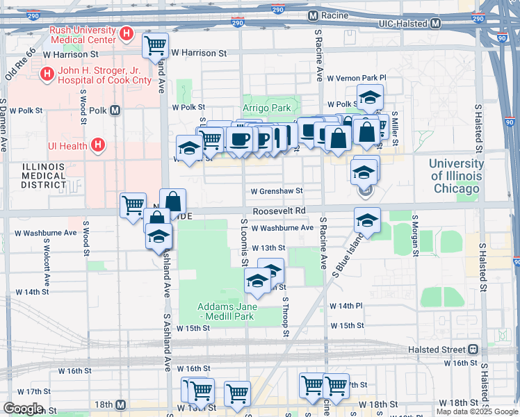 map of restaurants, bars, coffee shops, grocery stores, and more near 1314 West Washburne Avenue in Chicago
