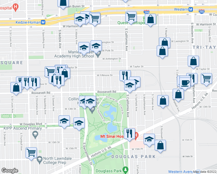 map of restaurants, bars, coffee shops, grocery stores, and more near 2912 West Roosevelt Road in Chicago