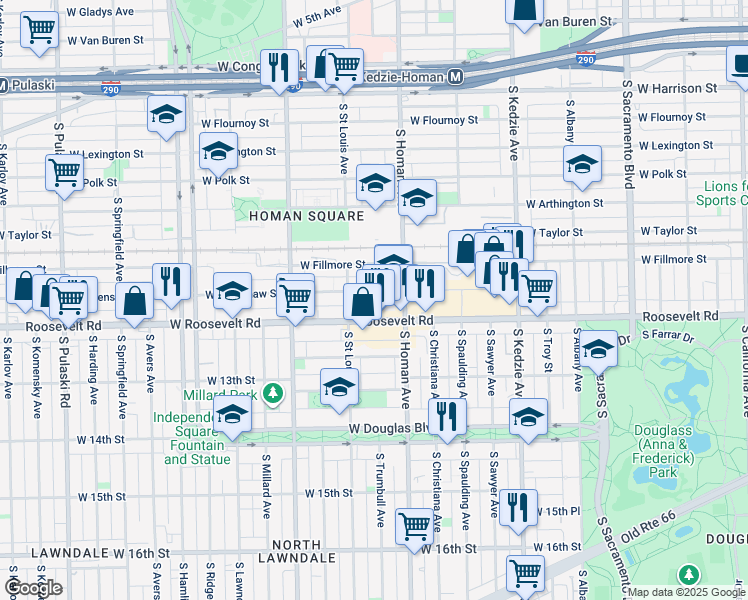 map of restaurants, bars, coffee shops, grocery stores, and more near 3440 West Roosevelt Road in Chicago
