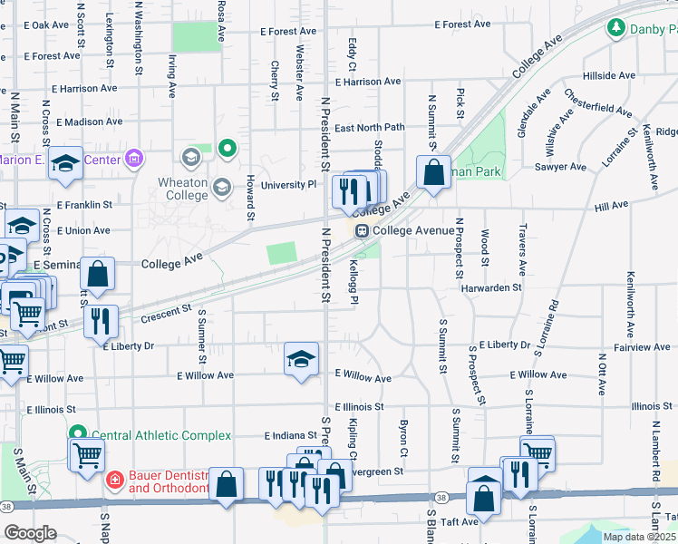 map of restaurants, bars, coffee shops, grocery stores, and more near in Wheaton