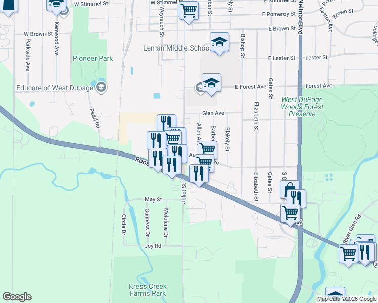 map of restaurants, bars, coffee shops, grocery stores, and more near 1213 Joliet Street in West Chicago