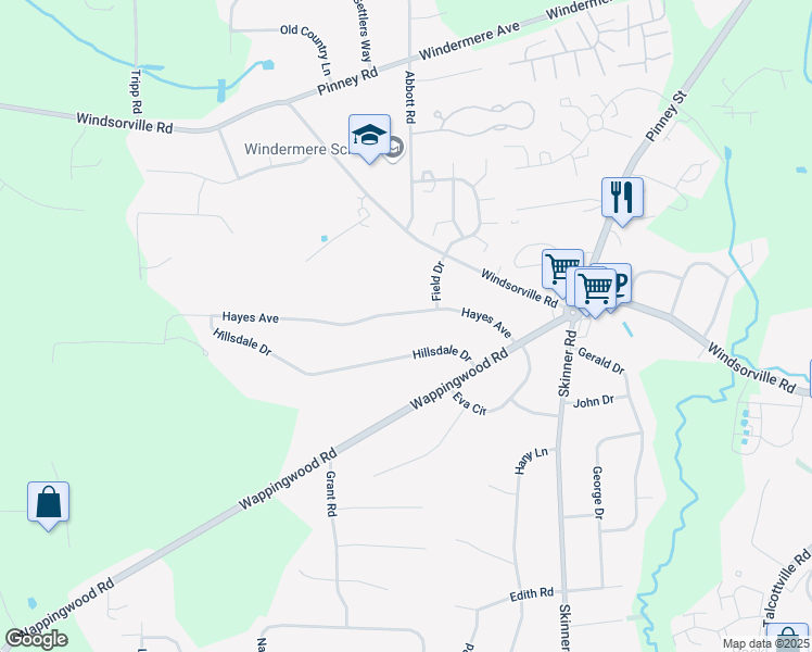 map of restaurants, bars, coffee shops, grocery stores, and more near 11 Hillsdale Drive in Ellington