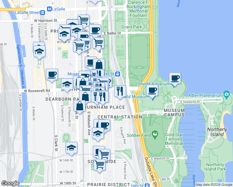 map of restaurants, bars, coffee shops, grocery stores, and more near 1250 South Indiana Parkway in Chicago