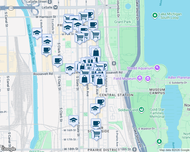 map of restaurants, bars, coffee shops, grocery stores, and more near 1212 South Michigan Avenue in Chicago