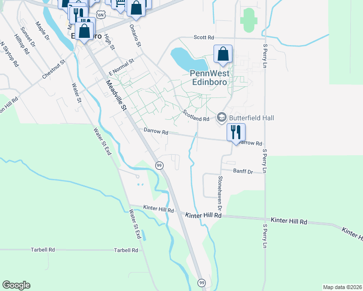 map of restaurants, bars, coffee shops, grocery stores, and more near Emory Dr in Edinboro