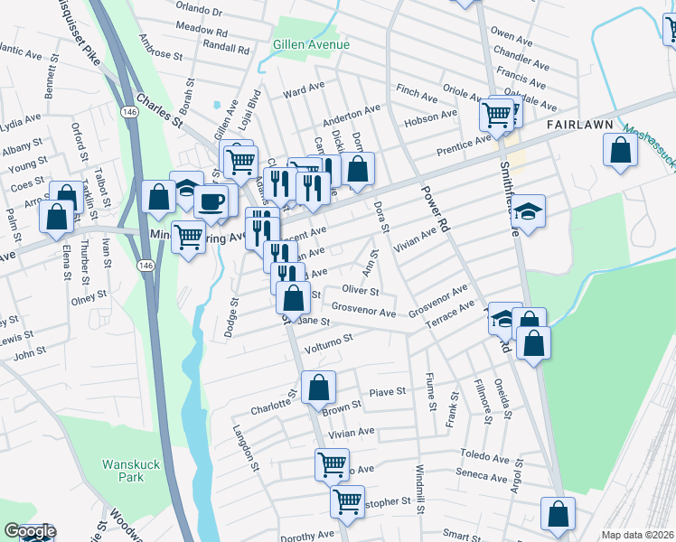 map of restaurants, bars, coffee shops, grocery stores, and more near 121 Ann Street in North Providence