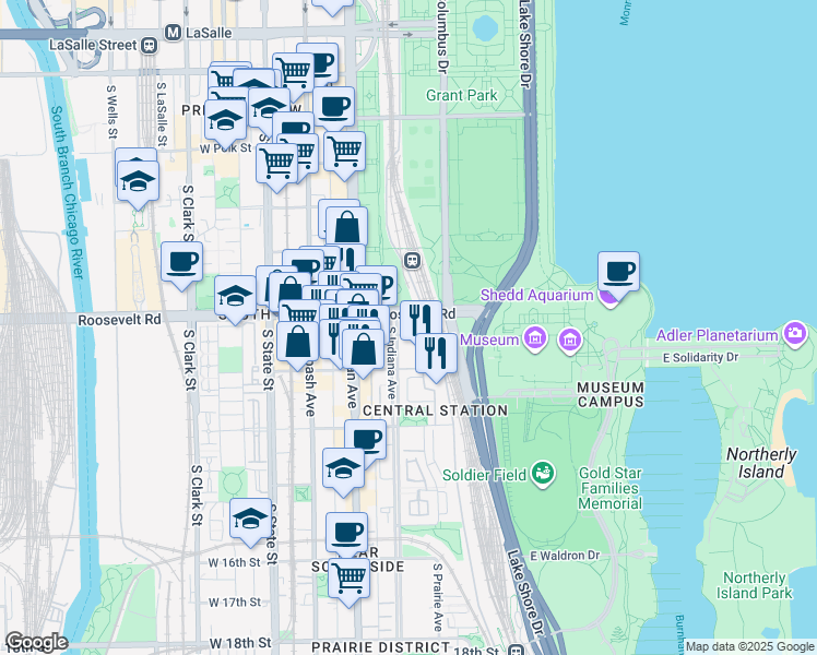 map of restaurants, bars, coffee shops, grocery stores, and more near 1201 South Prairie Avenue in Chicago