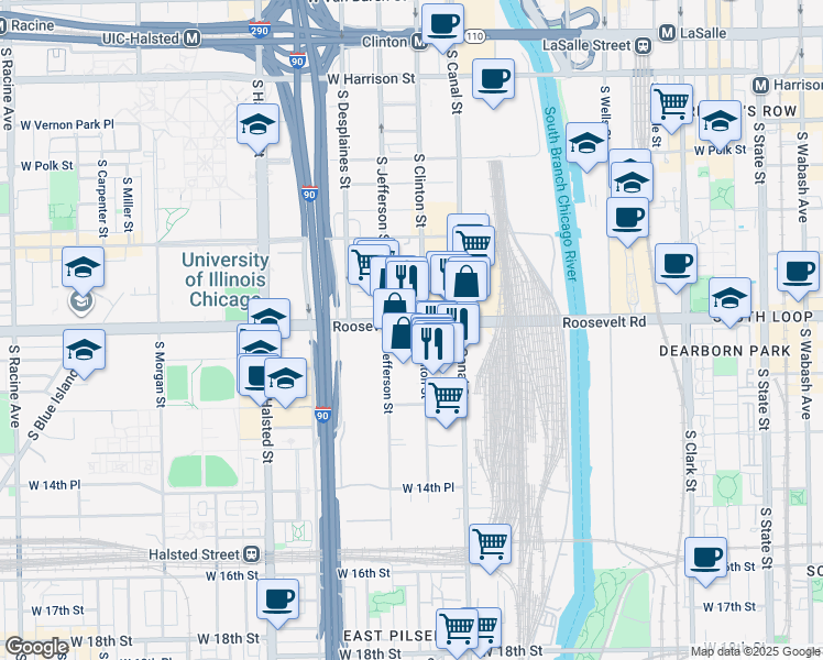 map of restaurants, bars, coffee shops, grocery stores, and more near 555W Roosevelt Road in Chicago
