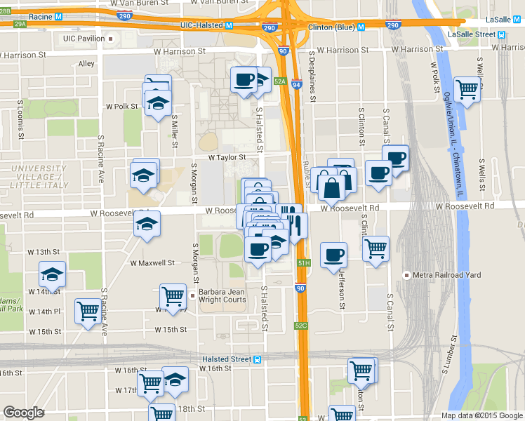 map of restaurants, bars, coffee shops, grocery stores, and more near 1100 South Halsted Street in Chicago