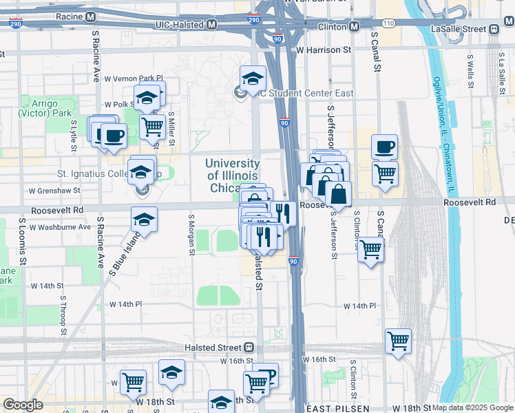 map of restaurants, bars, coffee shops, grocery stores, and more near 1100 South Halsted Street in Chicago