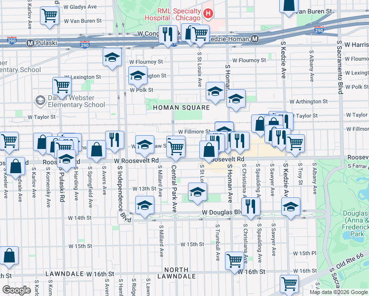 map of restaurants, bars, coffee shops, grocery stores, and more near 3524 Roosevelt Road in Chicago