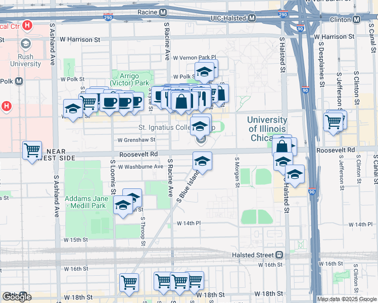 map of restaurants, bars, coffee shops, grocery stores, and more near 1106 West Roosevelt Road in Chicago