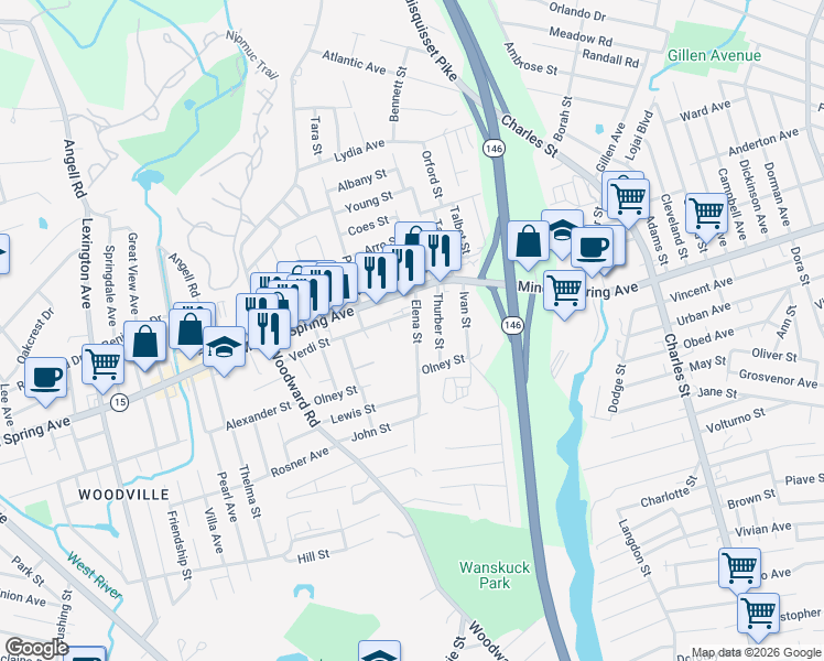 map of restaurants, bars, coffee shops, grocery stores, and more near 52 Elena Street in North Providence