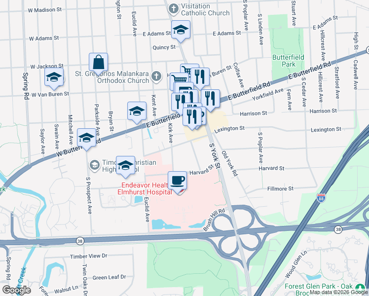 map of restaurants, bars, coffee shops, grocery stores, and more near 0S535 Kirk Avenue in Elmhurst