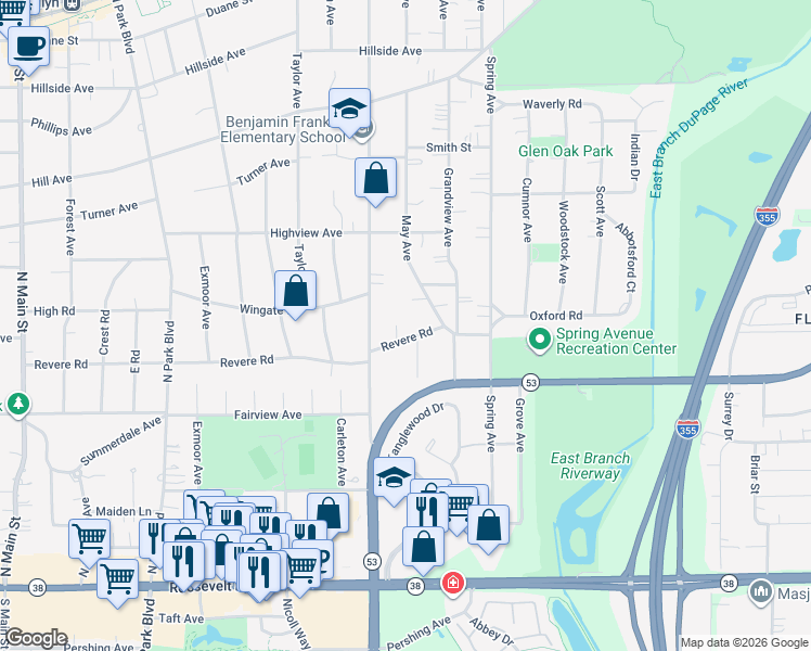 map of restaurants, bars, coffee shops, grocery stores, and more near 829 Revere Road in Glen Ellyn