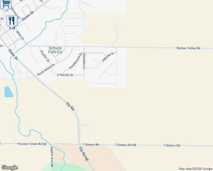map of restaurants, bars, coffee shops, grocery stores, and more near 2050 Hillside Drive in Ely